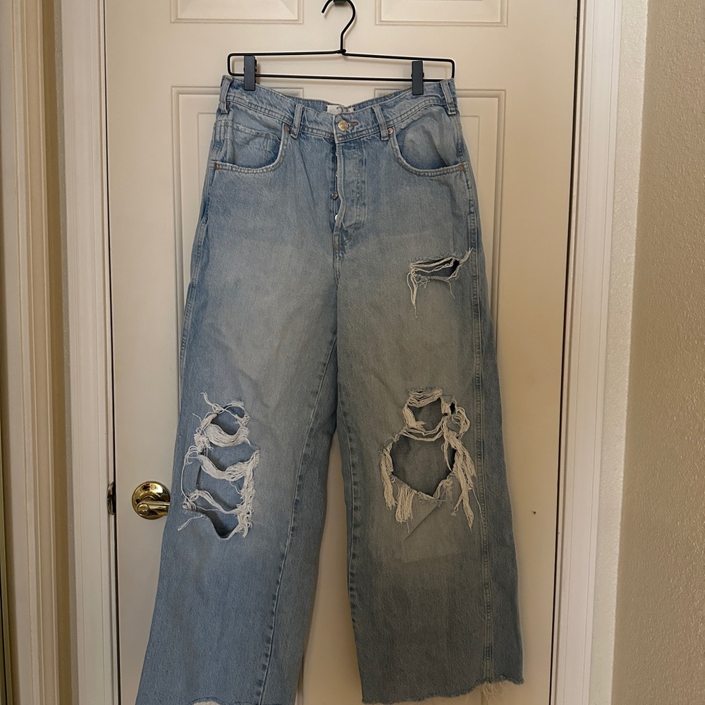 We the Free Light Blue Flare Wide Leg Jeans with Distressed Details